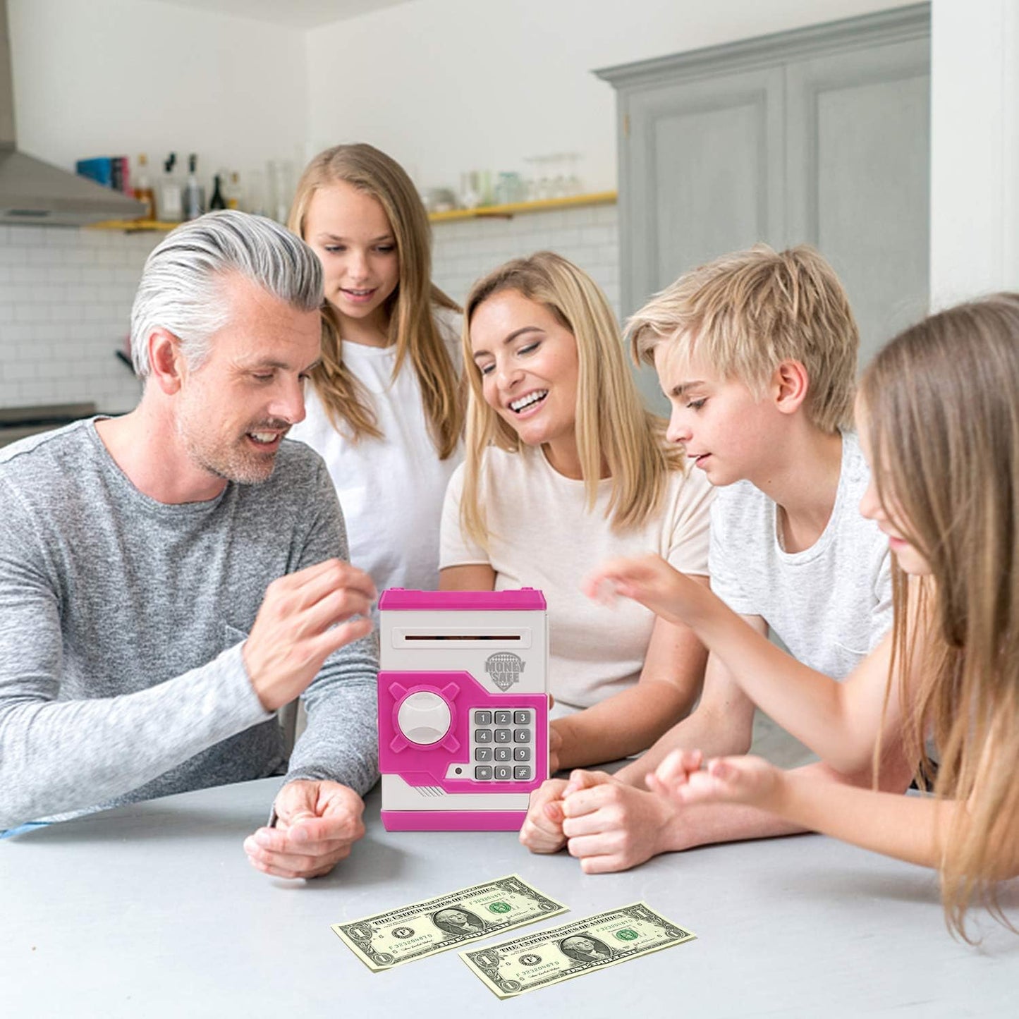Electronic Piggy Bank, Mini ATM Password Money Bank Cash Coins Saving Box for Kids, Cartoon Safe Bank Box Perfect Toy Gifts for Boys Girls (White Pink)