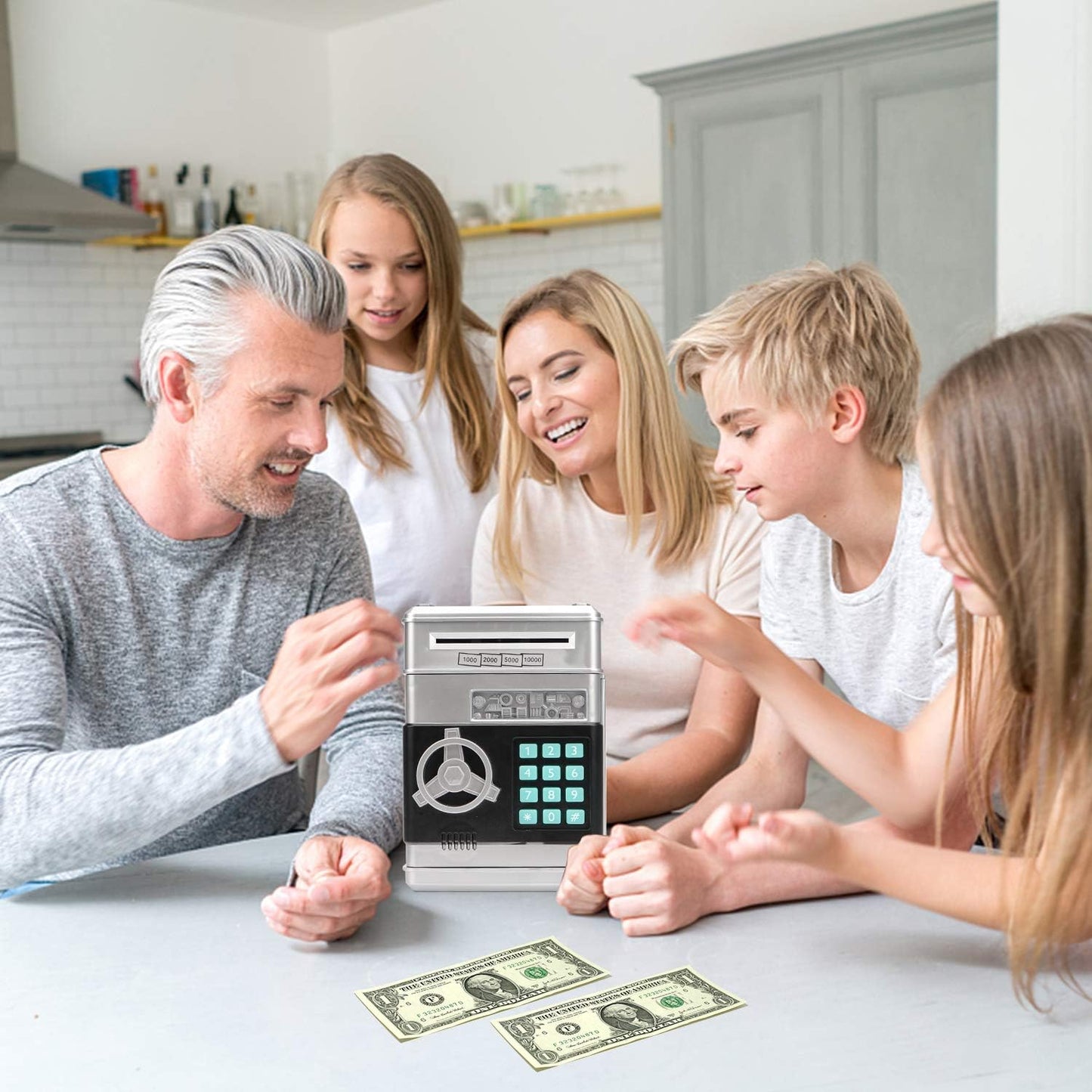 Electronic Piggy Bank, Mini ATM Password Money Bank Cash Coins Saving Box for Kids, Cartoon Safe Bank Box Perfect Toy Gifts for Boys Girls (Silvery)