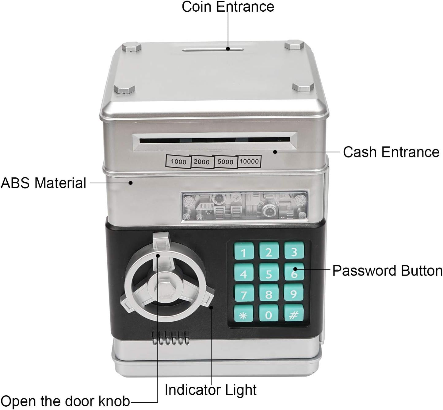 Electronic Piggy Bank, Mini ATM Password Money Bank Cash Coins Saving Box for Kids, Cartoon Safe Bank Box Perfect Toy Gifts for Boys Girls (Silvery)