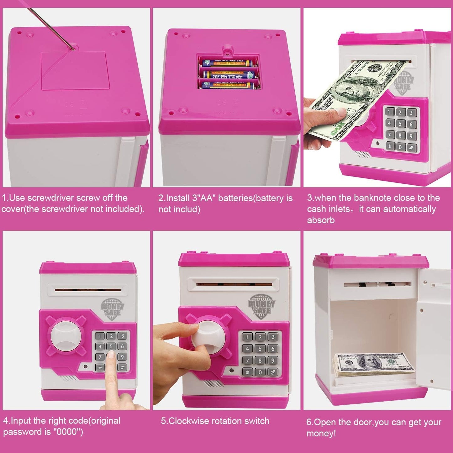 Electronic Piggy Bank, Mini ATM Password Money Bank Cash Coins Saving Box for Kids, Cartoon Safe Bank Box Perfect Toy Gifts for Boys Girls (White Pink)