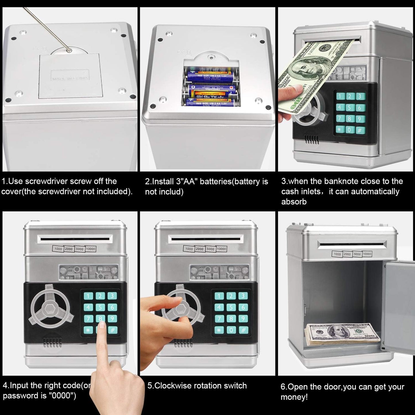 Electronic Piggy Bank, Mini ATM Password Money Bank Cash Coins Saving Box for Kids, Cartoon Safe Bank Box Perfect Toy Gifts for Boys Girls (Silvery)