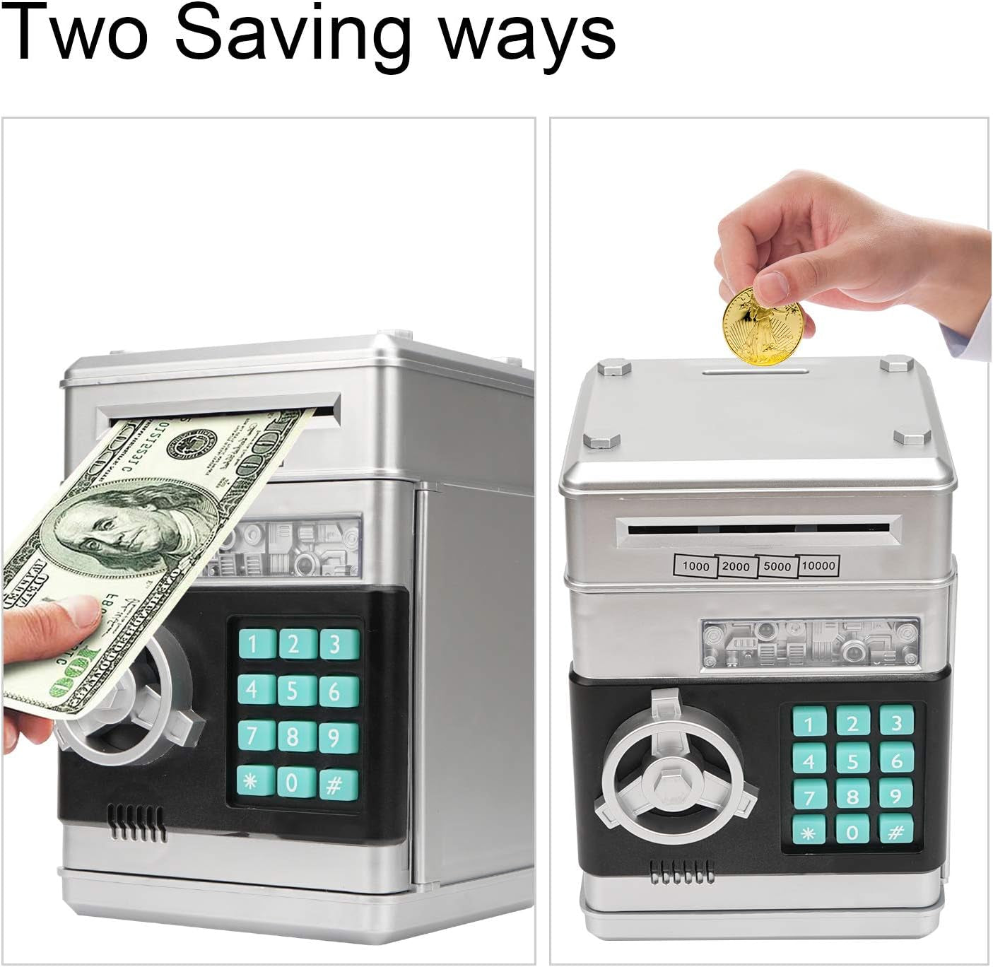 Electronic Piggy Bank, Mini ATM Password Money Bank Cash Coins Saving Box for Kids, Cartoon Safe Bank Box Perfect Toy Gifts for Boys Girls (Silvery)