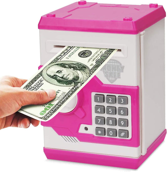 Electronic Piggy Bank, Mini ATM Password Money Bank Cash Coins Saving Box for Kids, Cartoon Safe Bank Box Perfect Toy Gifts for Boys Girls (White Pink)
