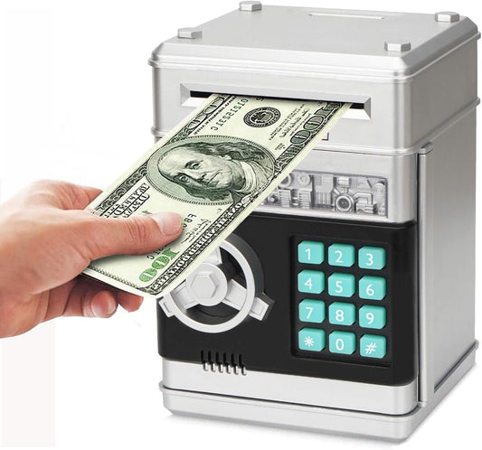 Electronic Piggy Bank, Mini ATM Password Money Bank Cash Coins Saving Box for Kids, Cartoon Safe Bank Box Perfect Toy Gifts for Boys Girls (Silvery)