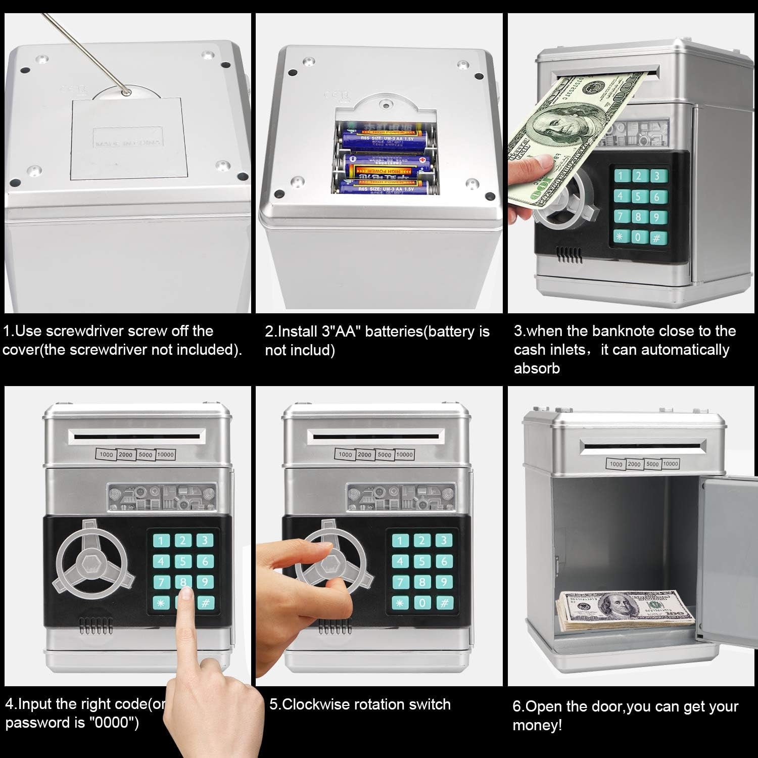 Electronic Piggy Bank, Mini ATM Password Money Bank Cash Coins Saving Box for Kids, Cartoon Safe Bank Box Perfect Toy Gifts for Boys Girls (Silvery)